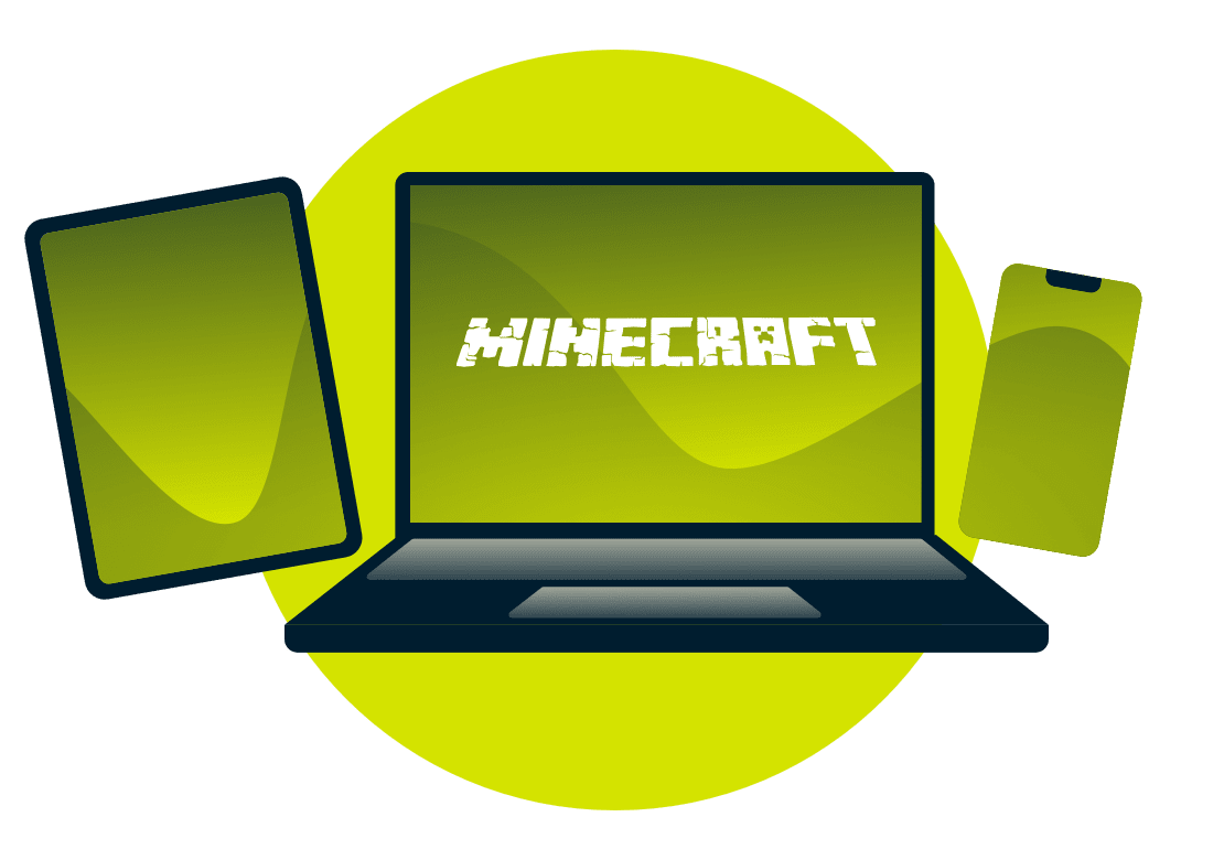 Verschiedene Ger&auml;te mit dem Minecraft-Logo.